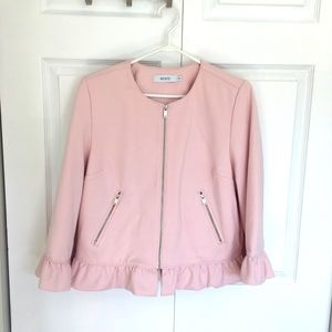 Ponte zipper front ruffle trim blazer